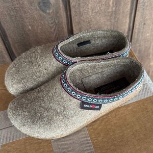 Haflinger Tan Wool Slippers with Patterned Trim